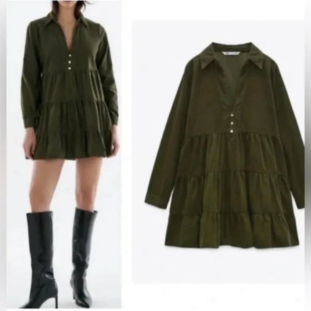 Zara Olive Green Long Sleeve Tiered Mini Dress